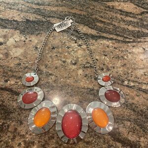 Boho style large pendant chunky necklace orange red silver